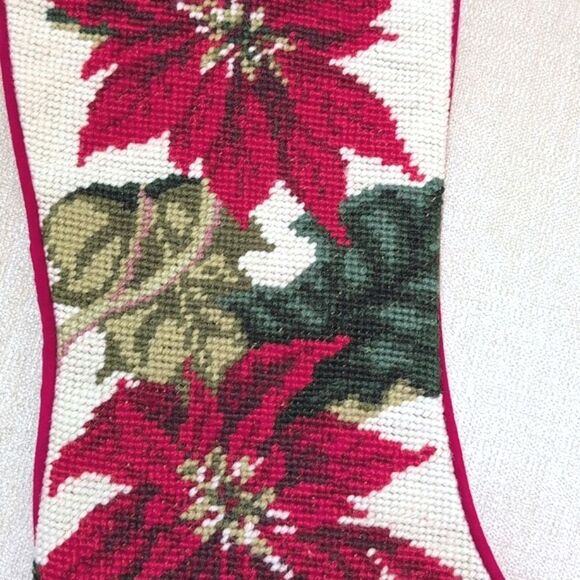 Vintage Wool Needlepoint Poinsettia Christmas Stocking Red Velvet Cotton Backing - Picture 3 of 10